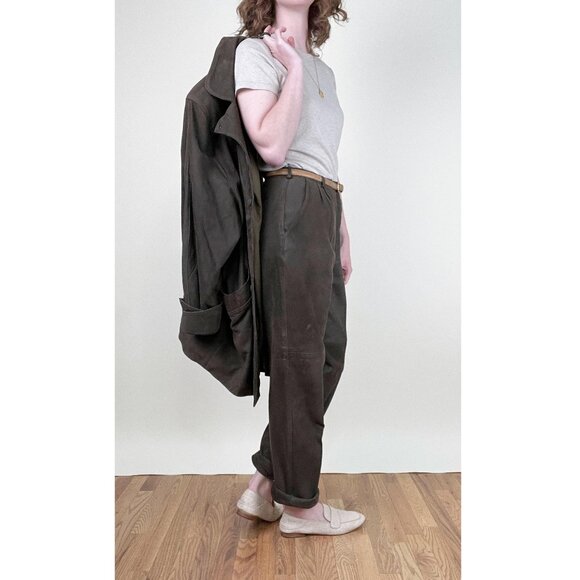 Vintage Suede Leather Matching Set Suit Oversized High Rise Long Unique Luxury - Picture 6 of 13